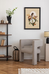 Interior design of white living room space with modern armchair, mock up poster frame, commode, ...