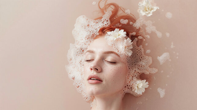 ethereal, dreamy portraits featuring a woman with red hair in a bathtub or water setting. The overall aesthetic is soft, feminine, delicate, with a color palette dominated by pastel pinks and white.
