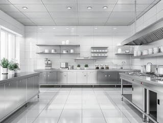 Modern commercial kitchen with stainless steel appliances, bright lighting, and clean surfaces. Ideal for culinary business concepts.