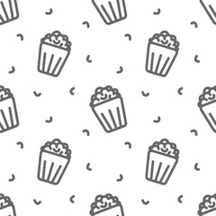 Seamless pattern Popcorn line icon. Popcorn, bucket, box.  Vector illustration isolated on white background. Food, snack. Line style for background, menu, invitation.