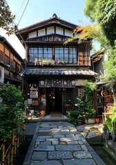 Obraz premium Traditional Japanese Architecture With Stone Pathway