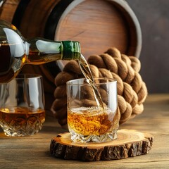 whiskey liquor bottle fills a glass , generated by AI. High quality photo