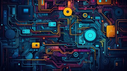 Fototapeta premium abstract technology flat design top view digital theme cartoon drawing vivid