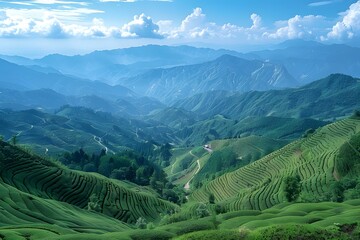 Fototapeta premium Green Tea Plantation on Mountainside with Blue Sky