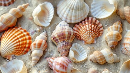 Obraz premium Seashells dot the sand, treasures waiting to be discovered by eager beachcombers.