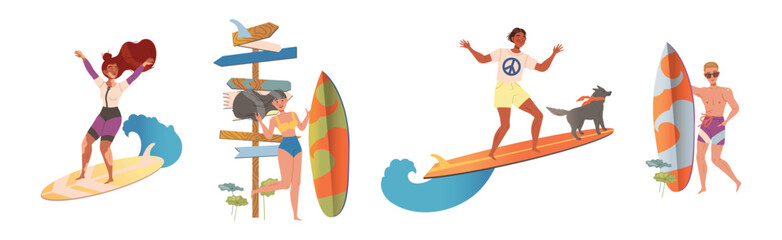 Happy Surfer Man and Woman Character Ride Ocean Wave Vector Set