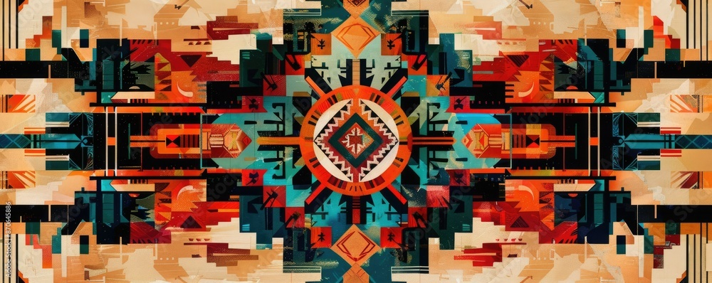 Poster artwork with vibrant abstract shapes and circles in red, yellow, and blue, creating a dynamic and co
