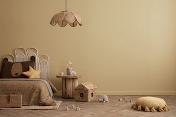 Aesthetic composition of kid room interior with yellow wall, guitar, rattan bed, toys, plush...