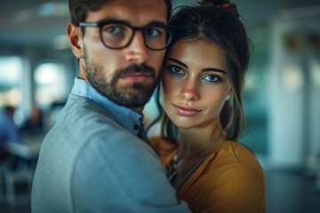 Fototapeta premium The beautiful female colleague looks embarrassed and uncomfortable as the well-groomed bearded businessman in eyeglasses touches her shoulder at work.