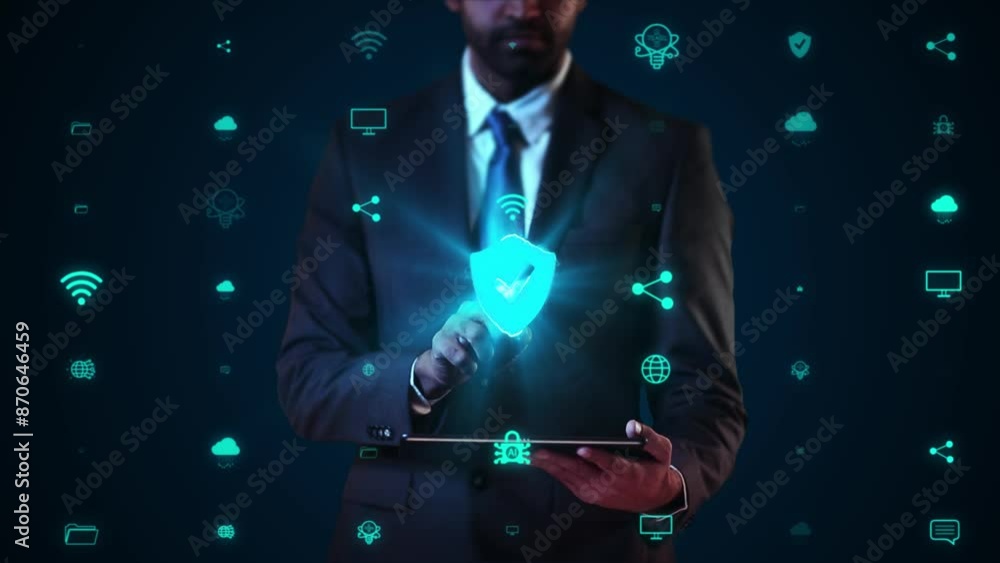 Poster businessman virtual display hud hologram data science cyber security privacy business internet techn