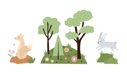 Naklejka premium Set of hand drawn compositions with forest animals and plants. Baby art for nursery design and prints. Charming cartoon woodland animals