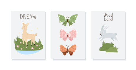 Set of hand drawn cards and posters with forest animals and plants. Baby art for nursery design and prints. Charming cartoon woodland animals  