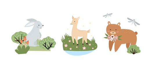 Fototapeta premium Set of hand drawn compositions with forest animals and plants. Baby art for nursery design and prints. Charming cartoon woodland animals