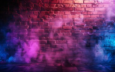 Grunge brick wall with neon lights and smoke. Abstract background