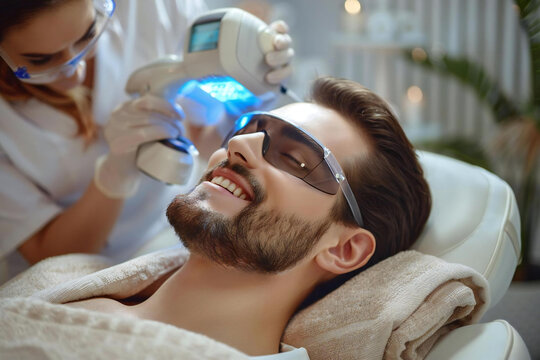 Smiling man with glasses and a well-groomed beard receiving laser epilation treatment by a beautician in spa.