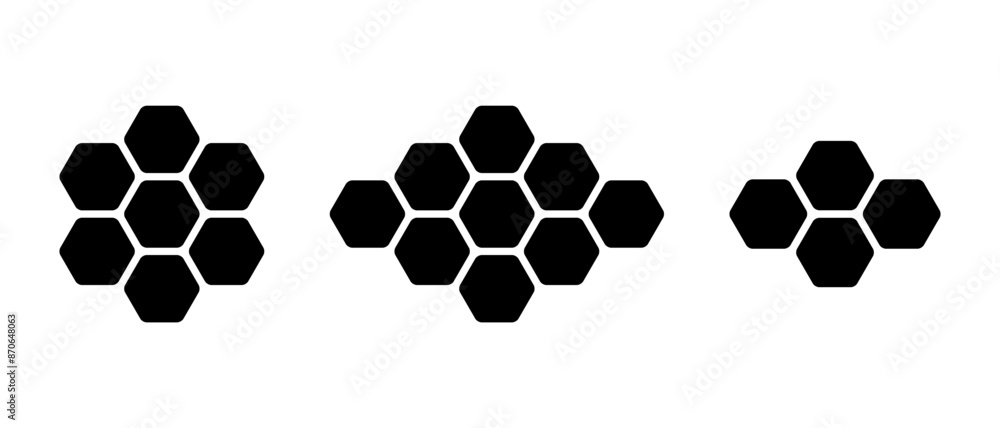 Poster honeycomb bee icon set in rounded corners. hexagonal beehive concept