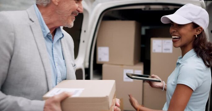 Box, delivery and businessman with tablet by courier for ecommerce, approval and digital signature. Dropshipping, people and b2b service with cargo by van for online receipt, shipping or distribution