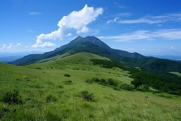 Green Grassland with Mountain Peaks under Blue Sky