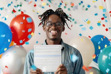 A man smiles broadly, holding a lottery ticket and surrounded by balloons and confetti, celebrating a big win.
