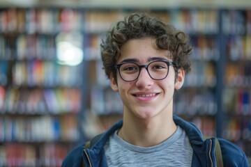 Fototapeta premium Happy Jewish student in glasses at library education concept.