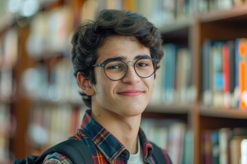 Happy Jewish student in glasses at library  education concept.