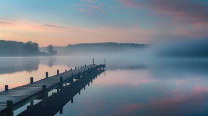 Fototapeta premium wooden pier extending into a calm lake at sunrise