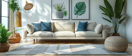Room With A White Sofa.  Illustration On The Theme Of Interiors And Architecture, Decor And Lifestyle. Generative AI
