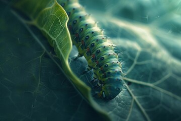 Naklejka premium AI generated illustration of a colorful caterpillar crawling on a green leaf