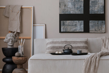 Interior design of living room interior with mock up poster frame, modular sofa, wooden coffee...
