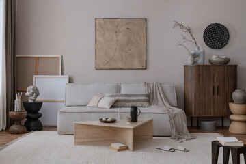 Warm and cozy living room interior with mock up poster frame, modular sofa, pillows, sideboard,...