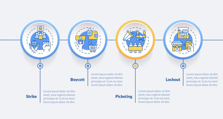 Labor union protest tactics circle infographic template. Data visualization with 4 steps. Editable timeline info chart. Workflow layout with line icons. Lato-Bold, Regular fonts used
