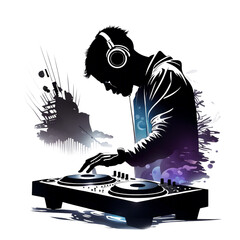 dj turntable and vinyl record, silhouette, generative ai