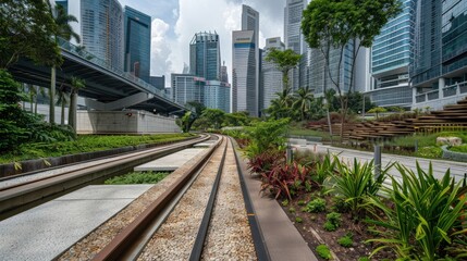 Obraz premium Urban Landscape: Train Tracks Amidst Greenery and Skyscrapers