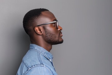 Obraz premium African man in blue shirt and glasses on gray wall.