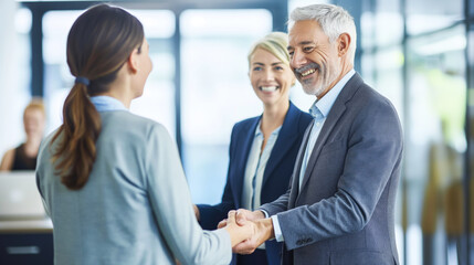 A joyful elderly couple and financial advisor celebrate positive retirement fund review.
