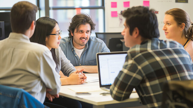 Senior software engineer mentoring a group of junior developers during a code review session at tech startup office.