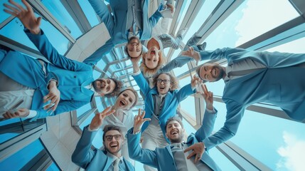 A group of diverse business professionals in suits huddle together in excitement and joy. AIG535