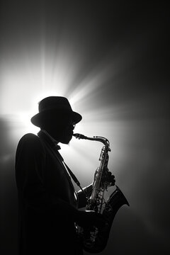 Cl&aacute;ssico m&uacute;sico de Jazz tocando saxofone contra a luz, foto em preto e branco,