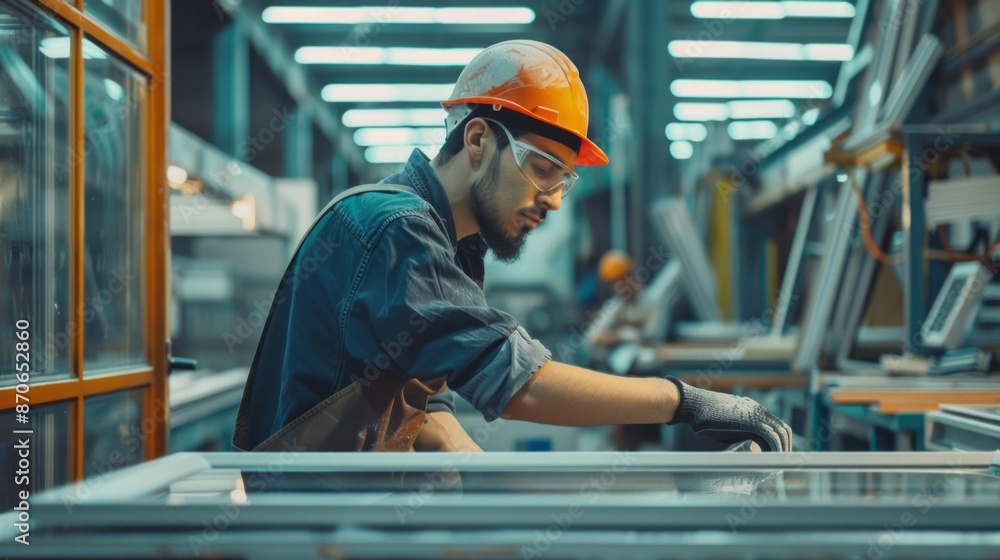 Poster a skilled worker meticulously assembles window frames in a bustling factory setting, showcasing the 