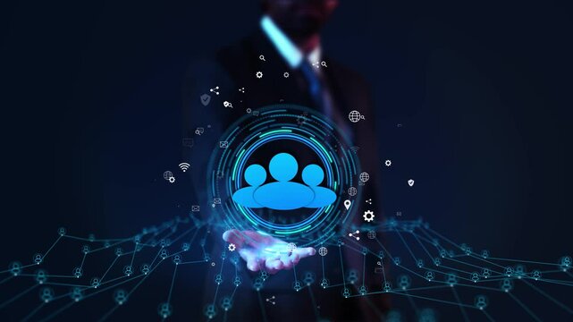 Businessman virtual display HUd Hologram Social Network User Id social networking, user engaging Global worldwide Network connection online Connecting people, blockchain Big Data users accounts