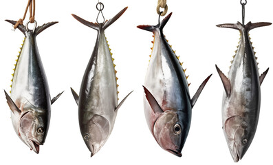 A tuna hanging on a steel hook, front view