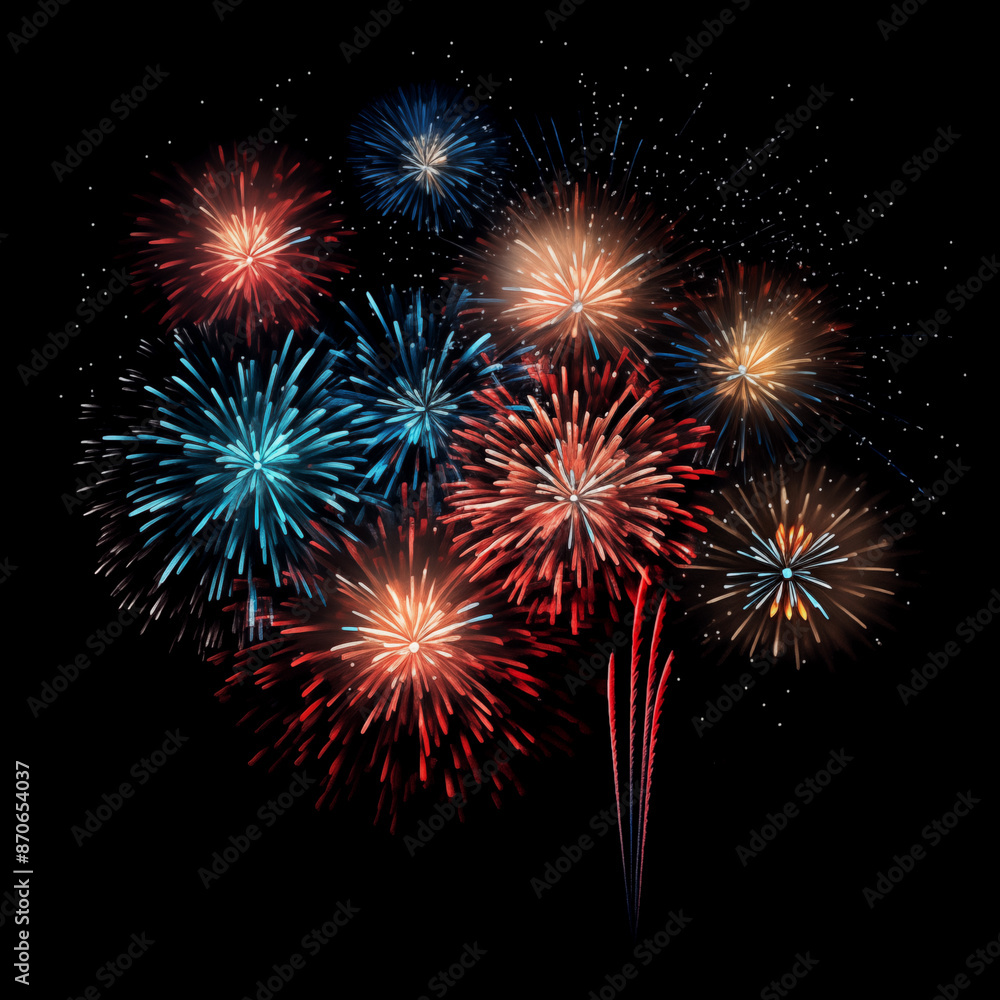 Wall mural different colors and types of fireworks in the sky background