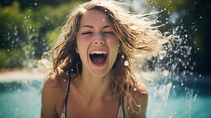 Happy young woman relaxing with eyes closed, enjoying leisure time in the refreshing swimming pool