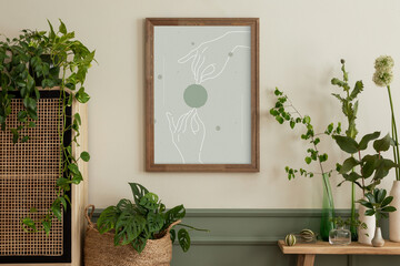 Spring composition of living room interior with mock up poster frame, rattan sideboard, wooden bench, vase with leaves and personal accessories. Home decor. Template.