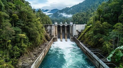 Fototapeta premium A hydroelectric dam generating power from a rushing river surrounded by lush green forests.