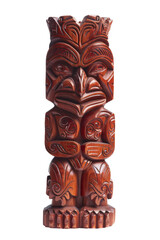 Polynesian style carved idol made of wood, isolated on transparent background, PNG on transparent background, front view full height