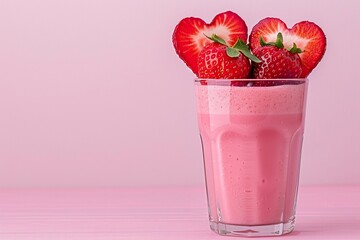 Strawberry milk with heartshaped strawberry slices on top, strawberry milk, romantic treat