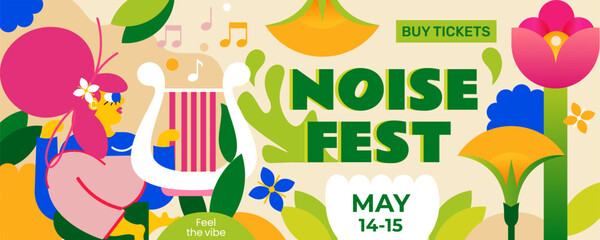 Banner for a music festival to open the warm season. Fresh atmosphere, flowers, music, a woman playing the lyre. Perfect for summer parties, open-air festivals, and much more.