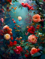 Vibrant Vintage Floral Garden with Whimsical Organic Forms and Romantic Aesthetic