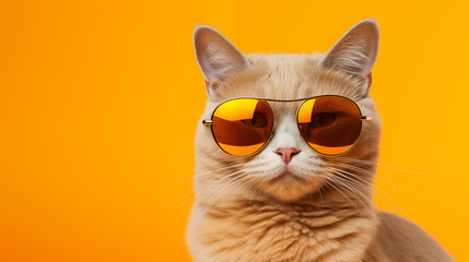 Cat in sunglasses on orange background. The cat looks at the camera